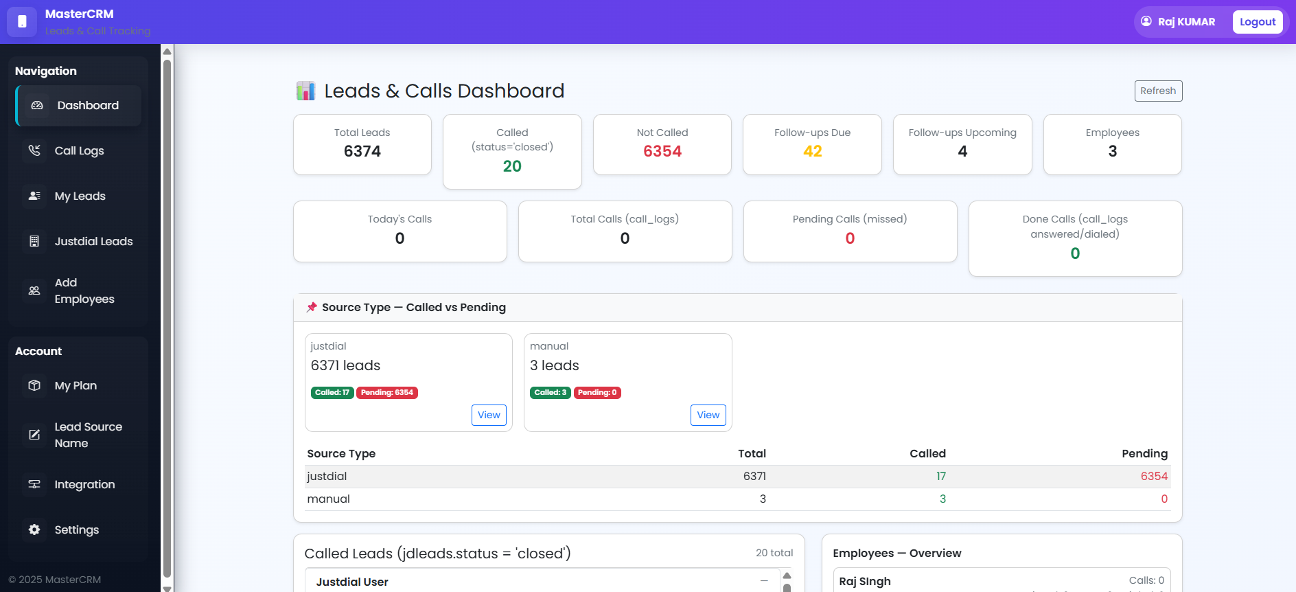 MasterCRM Dashboard screenshot - call recordings and analytics